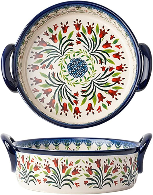 Vintage Style Tulip Flower Pattern Ceramic Bakeware Casserole Dish Baking Pan Lasagna Pans Baking Dish with Handles for Oven/Cooking/Kitchen-1 PCS-32 OZ by Bicuzat