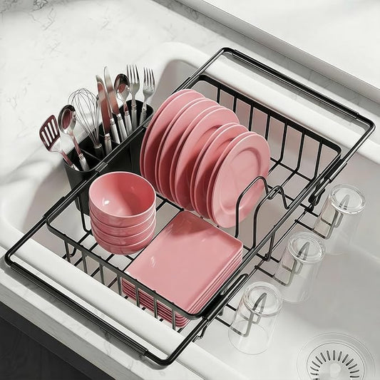 Sylfaen Expandable Over The Sink Dish Drying Rack, Stainless Steel Dish Rack in Sink, Kitchen Sink Drain Strainer with Utensil Holder & Cup Holders, Counter Space Saving & No Assembly Needed, Black