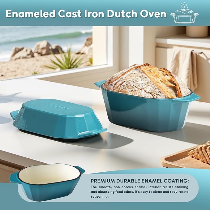 Enameled Cast Iron Sourdough Bread Oven – Dutch Oven for Sourdough, Oval Cast Iron Bread Pan with Lid，Loaf Cast Iron Dutch Oven for Baking (3.3QT-Blue） - Image 4