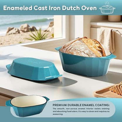 Enameled Cast Iron Sourdough Bread Oven – Dutch Oven for Sourdough, Oval Cast Iron Bread Pan with Lid，Loaf Cast Iron Dutch Oven for Baking (3.3QT-Blue） - Image 4