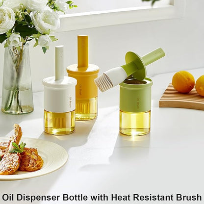Glass Oil Dispenser with Heat Resistant Brush,Oil Dispenser Bottle with Silicone Pastry Brush for Kitchen,Cooking Vinegar and Sauce BBQ Grill Frying (Oil Dispenser-Green)