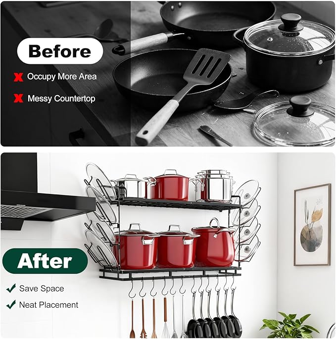 Housolution Pot Rack Wall Mounted, 22''-30'' Length Expandable, 3 Level Height Adjustable, 2 Tier Heavy Duty Hanging Cookware Pan Organizer with 12 Hooks and 8 Lid Holders - Image 5