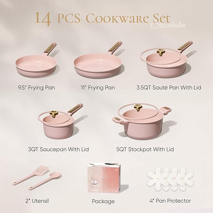 CAROTE Ceramic Cookware Set Nonstick, 14pcs Pots and Pans Set Nonstick, Non-Toxic & PFAS-Free, Dishwasher, RV/Camping Cookware Set, Cooking Pots with Lids, Pink Blush - Image 2
