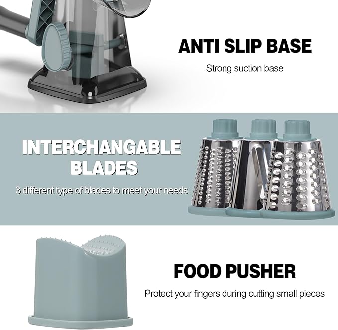 Cheese Grater Cheese Shredder with 3 Interchangeable Blades, Rotary Cheese Grater Manual Vegetable Slicer with Non-slip Suction Base Peanut Nuts Grinder Vegetable Shredder Clear - Image 6