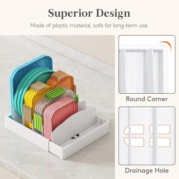 Lifewit Kitchen Cabinet Organizer for Food Contanier Lid, Expandable Lids Holder with 8 Adjustable Dividers & 9 Sections for Pantry Organizers and Storage, Home Drawer Organization, Large, 9.8"-17" - Image 7