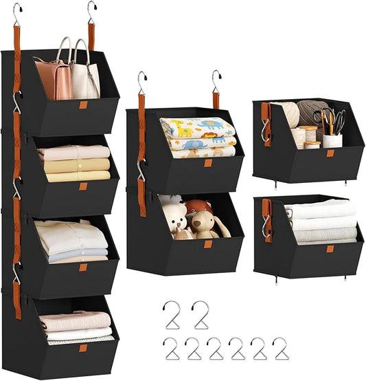 Homsorout Hanging Closet Organizer 4 Tier - Clothes Hanging Shelves, Space-Saving Closet System, Fabric Storage Bins Bedroom Organization, Collapsible Baskets for Home, Dorm, Rv, Black