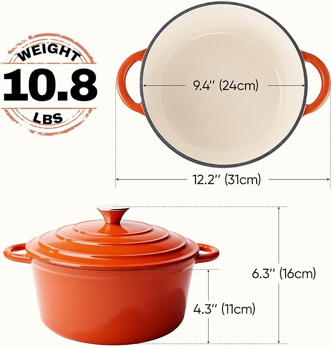 4.5 Quart Dutch Oven Pot with Lid, Non Stick Enameled Cast Iron Dutch Oven for Bread Baking, Heavy-Duty, Oven Safe Ceramic Cookware Up to 500°F for Baking, Braising, Stews, Roasting, Orange - Image 4
