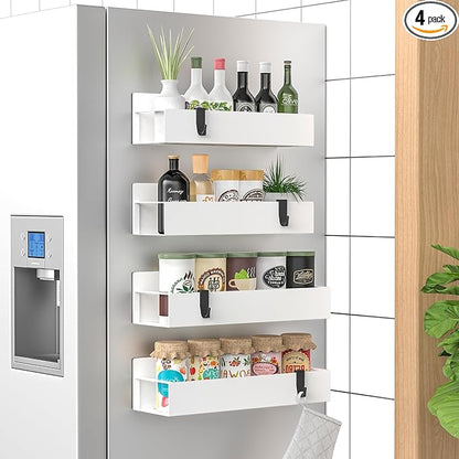 HuggieGems 4 Pack Magnetic Spice Storage Rack Organizer for Refrigerator and Oven, White Fridge Organizers and Storage by HuggieGems