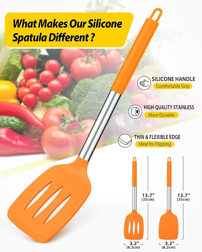 Pack of 2 Silicone Solid Turner, Non Stick Slotted Kitchen Spatulas, High Heat Resistant BPA Free Cooking Utensils, Ideal Cookware for Fish, Eggs, Pancakes (ORANGE) - Image 2