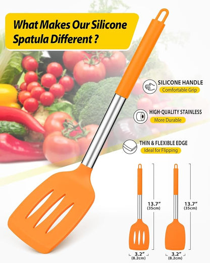 Pack of 2 Silicone Solid Turner, Non Stick Slotted Kitchen Spatulas, High Heat Resistant BPA Free Cooking Utensils, Ideal Cookware for Fish, Eggs, Pancakes (ORANGE) - Image 2
