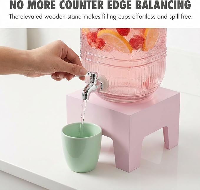 Beverage Dispenser 1 Gallon, Glass Drink Dispenser with Wooden Base Stand, Wide Mouth Jar for Lemonade, Iced Tea, Infused Water, Vintage Kitchen Decor - Pink