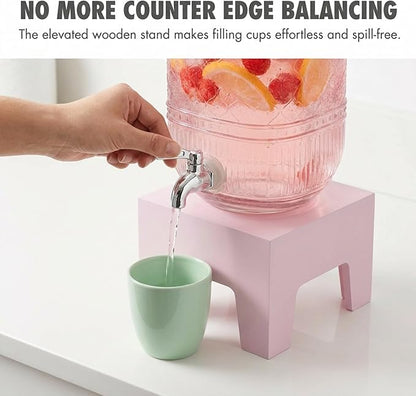 Beverage Dispenser 1 Gallon, Glass Drink Dispenser with Wooden Base Stand, Wide Mouth Jar for Lemonade, Iced Tea, Infused Water, Vintage Kitchen Decor - Pink
