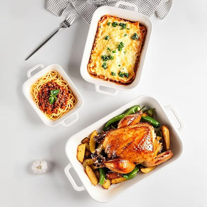 Sweejar Relief Casserole Dishes for Oven, Ceramic 9x13 Baking Pans Set for Cooking, Cake, Banquet and Daily Use, Rectangular Bakeware Set, Porcelain Baking Dish, Lasagna Pan Deep with Handles(White) - Image 3