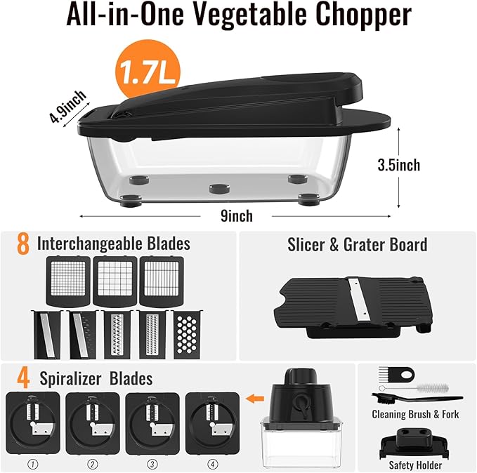 12 Blade All-in-1 Vegetable Chopper Mandoline Slicer with Container, Spiralizer with Containers, Food Chopper, Onion Chopper, Veggie Cutter for Salad, Kitchen Gadgets Accessories Essentials, Black - Image 2