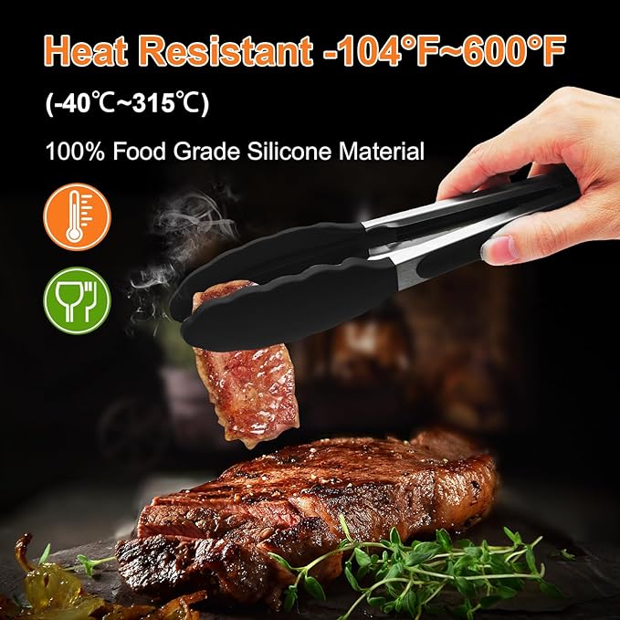 Premium Stainless Steel Heat Resistant Kitchen Tongs for cooking,set of 7"+9"+12" (Black),Non Scratch Silicone cooking Tong Tip for Cooking Pans,Strong Grip BBQ tongs for Grabbing Hot Food - Image 3