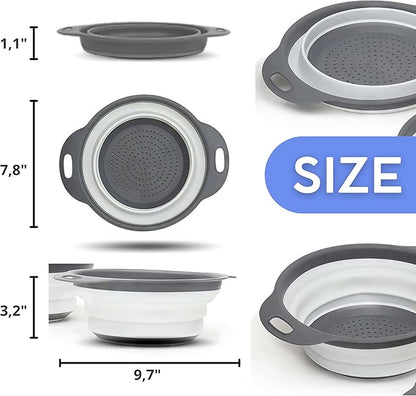 Round Silicone White Colander Collapsible – Foldable White Kitchen Strainer Small Collapsible Colander with Plastic Handles for Draining Vegetable and Fruit Silicone Kitchen Strainer for Pasta