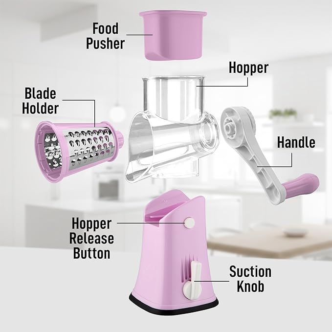 Zulay Kitchen Rotary Cheese Grater 5 Blade Cheese Shredder - Manual Hand Crank Cheese Grater With Reinforced Suction & 5 Interchangeable Drums - Easy to Use, Vegetable Chopper Round Mandoline Slicer - Image 8