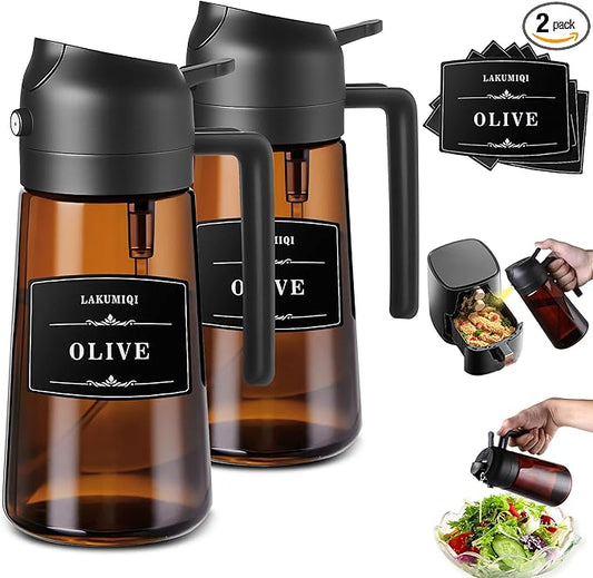 LAKUMIQI 2 in 1 Oil Sprayer for Cooking, 16oz Olive Oil Dispenser Bottle for Kitchen, Food Grade Light-Blocking Leak Proof Glass Spray Bottle for Salad, Air Fryer, BBQ by LAKUMIQI