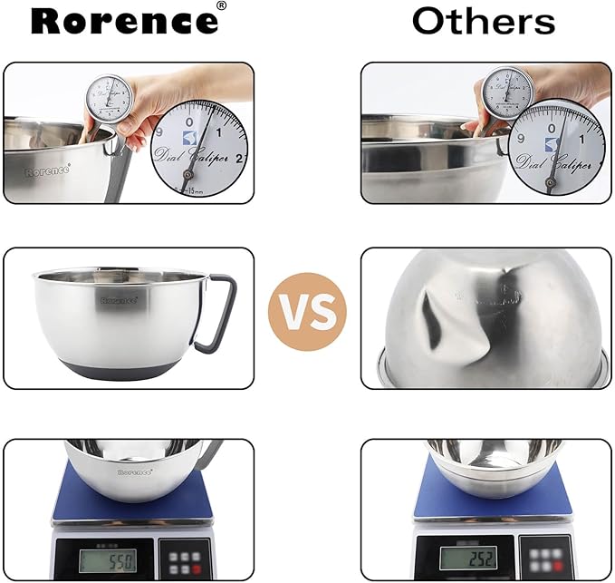 Rorence Mixing Bowls Set: Stainless Steel Non-Slip Bowls with Pour Spout, Handle and Lid - Set of 3 - Gray - Image 5