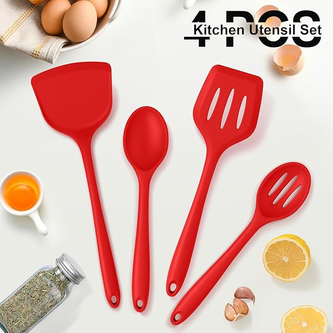 P&P CHEF Kitchen Utensil Set, 4 Pieces Non-stick Silicone Cooking Utensils, Heat-resistant Slotted Solid Spoon Turner for Frying, Mixing, Serving, Non-toxic & Easy to Clean, Red - Image 6