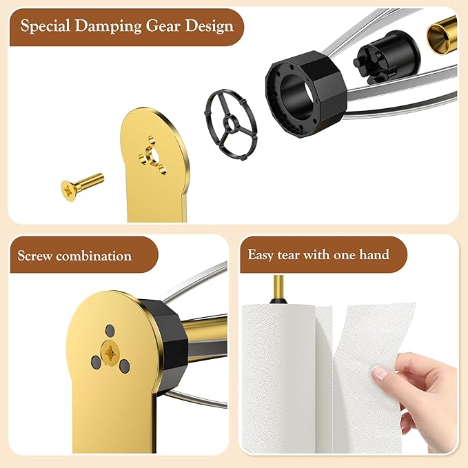 Paper Towel Holder Under Cabinet with 2 Hooks, Paper Towel Holder Wall Mount with Damping Effect, Self-Adhesive or Drilled Paper Roll Holders for Kitchen, Bathroom, RV(Gold) - Image 4