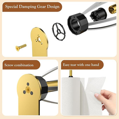 Paper Towel Holder Under Cabinet with 2 Hooks, Paper Towel Holder Wall Mount with Damping Effect, Self-Adhesive or Drilled Paper Roll Holders for Kitchen, Bathroom, RV(Gold) - Image 4