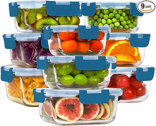 HOMBERKING Glass Food Storage Containers with Lids, [18 Piece] Glass Meal Prep Containers, Airtight Lunch Bento Boxes, BPA-Free & Leak Proof (9 lids & 9 Containers) - Deep Blue by HOMBERKING