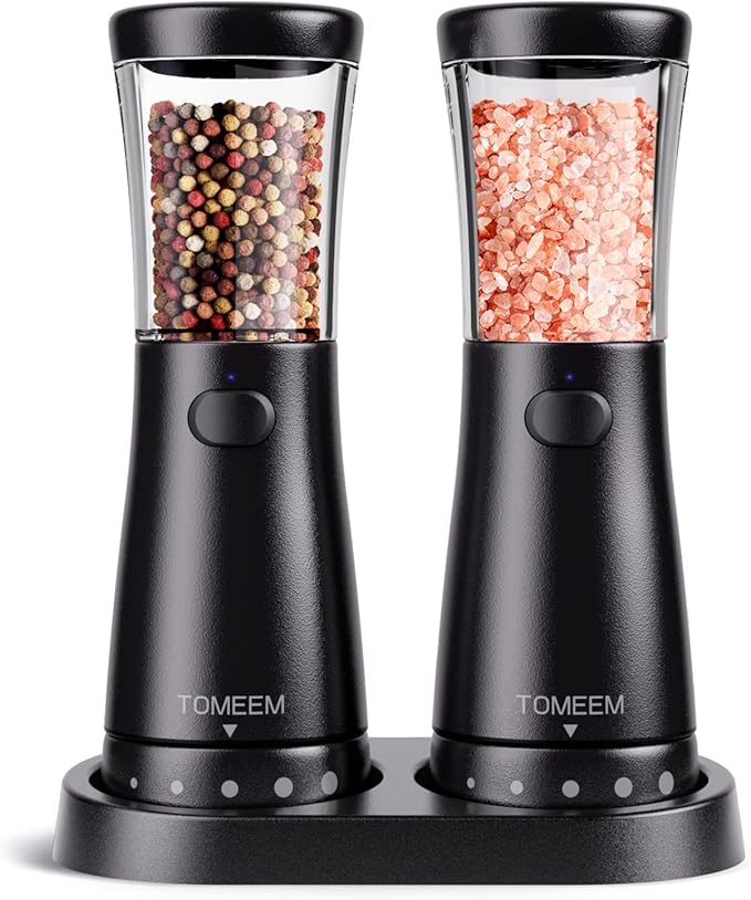 Electric Salt and Pepper Grinder Set with Storage Base, Stainless Steel Rechargeable Salt and Pepper Grinder Set with 4.5 oz Large Capacity, 1.8" Wide Mouth, Adjustable Coarseness, Ideal for Kitchen by Tomeem