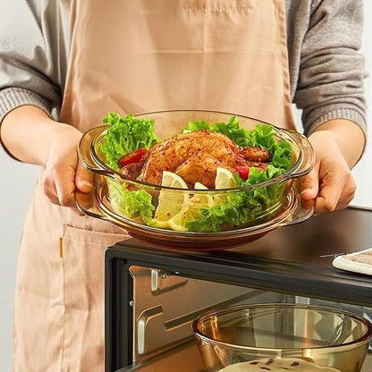 Amber Borosilicate Glass Casserole Dish with Lid - 1.0 Qt Round Baking Dish with Handles - Heat Resistant Cookware for Oven, Microwave, Dishwasher & Freezer
