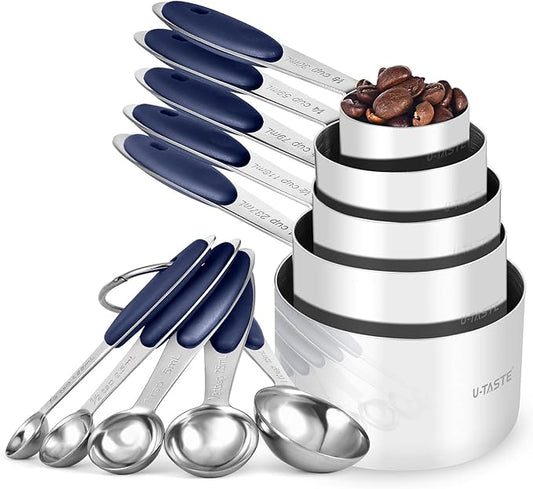 U-Taste Measuring Cups and Spoons: Food Grade 18/8 Stainless Steel Metal Measure Cups and Spoons Set of 10, Upgraded Thickness Handle (Midnight Blue) by U-Taste