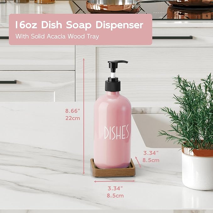 Pink Glass Dish Soap Dispenser with Acacia Wood Tray, 16 oz Refillable Kitchen Soap Pump Bottle, Decorative Countertop Soap Dispenser Set for Kitchen Bathroom Accessories - Image 5
