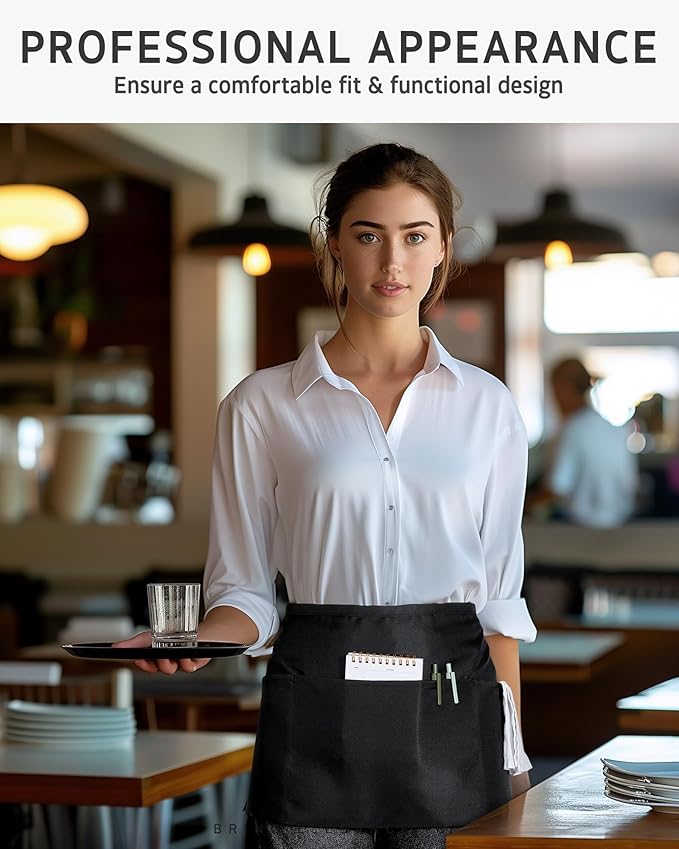 Syntus 3 Pack Server Aprons with 3 Pockets, Waterdrop Resistant Waitress Waiter Waist Apron, 11.5-inch Black - Image 7