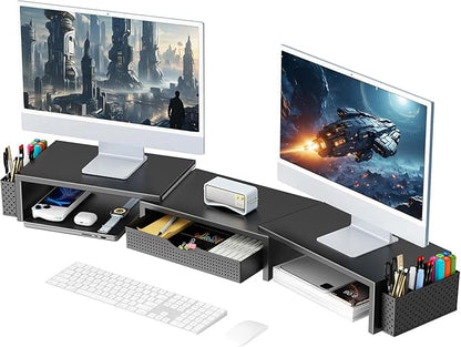 gianotter Dual Monitor Stand Riser, Desk Organizer With Drawer and 2 Pen Holders, Computer Monitor Stand, Shelf for Top of Desk, Black by gianotter