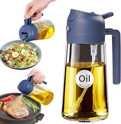YARRAMATE 16oz/470ml Glass Olive Oil Sprayer for Cooking with Stickers, 2 in 1 Oil Dispenser for Kitchen Gadgets, Food Grade Premium Spray Bottle with Portion Control for Salad, BBQ (Navy) by YARRAMATE