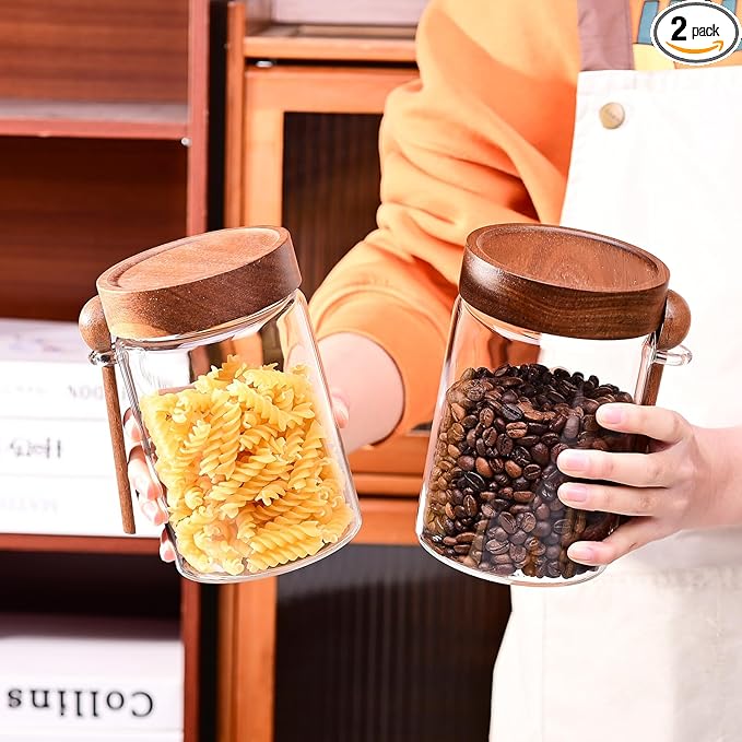 SAIOOL 30 oz (2-Pack) High Borosilicate Glass Food Storage Containers with Spoons, Airtight Screw-Tight Lid for Kitchen Pantry - Dry Food, Coffee,Tea,Snacks, Flour Canisters, High Transparency by SAIOOL