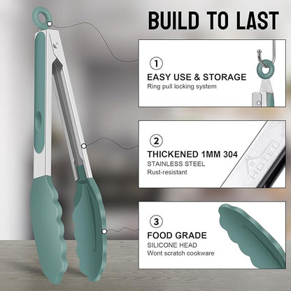 HOTEC Premium Stainless Steel Locking Kitchen Tongs with Silicon Tips, Set of 3-7", 9" and 12" (Sage Green) - Image 3