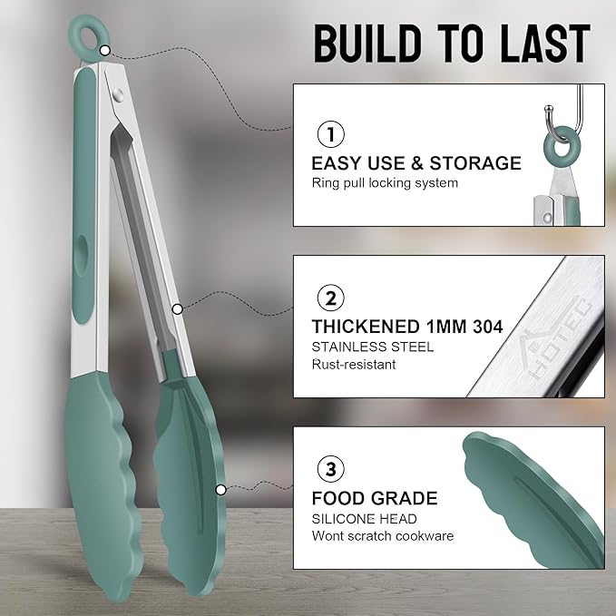 HOTEC Premium Stainless Steel Locking Kitchen Tongs with Silicon Tips, Set of 2-9" and 12",Sage Green - Image 3