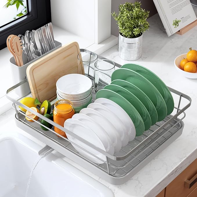 Kitsure Dish Drying Rack for Kitchen Counter, Stainless Steel Sink Organization and Storage Essentials with Cutlery Holder, Home and Appartment Decor, 12''W x 15.5''L, Silver Grey by Kitsure