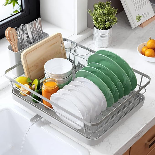 Kitsure Dish Drying Rack for Kitchen Counter, Stainless Steel Sink Organization and Storage Essentials with Cutlery Holder, Home and Appartment Decor, 12''W x 15.5''L, Silver Grey by Kitsure