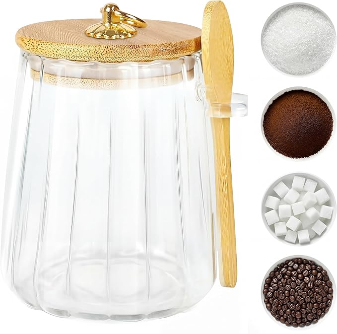 holoith Sugar Jar with Lid and Spoon,24oz Large Glass Spice Jars for Coffee Bar Decor Accessories Food Storage Containers Home Essentials by Holoith