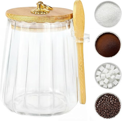 holoith Sugar Jar with Lid and Spoon,24oz Large Glass Spice Jars for Coffee Bar Decor Accessories Food Storage Containers Home Essentials by Holoith