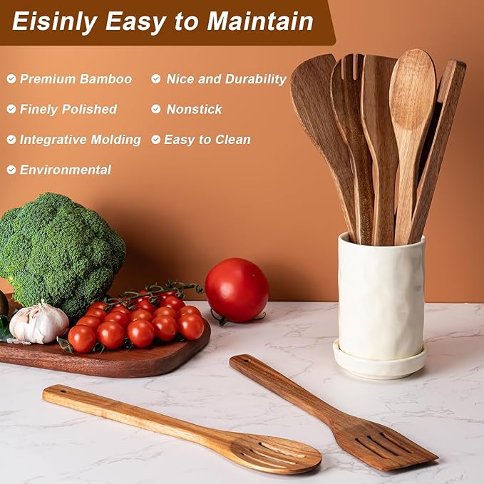 Eisinly Wooden Spoons for Cooking 7-Piece, Kitchen Nonstick Wood Cooking Utensils Set, Durability Wooden Spatula Spoon for Everyday Use, Brown - Image 4