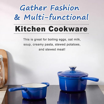 2 Quart Saucepan with Lid, Leonyo Enameled Cast Iron Dutch Oven Pot, Non Stick Small Cooking Pots Kitchen Induction Cookware for All Cooktops Cooking Pasta, Soup, Ramen - Up to 500°F, Dark Blue