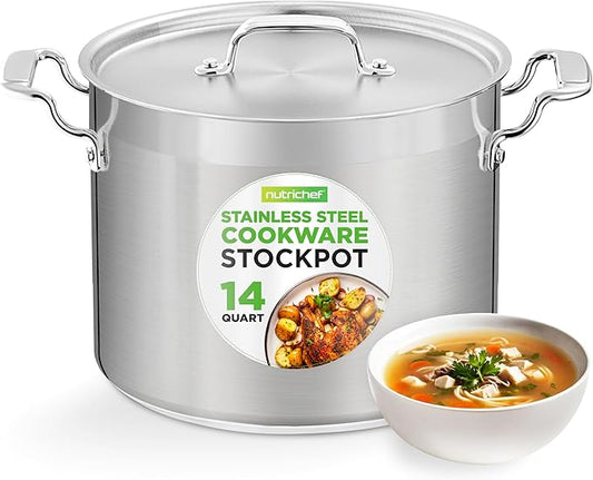 NutriChef 14 Quart Stock Pot with Lid - Heavy Duty Stainless Steel, Induction Ready, Ergonomic Handles