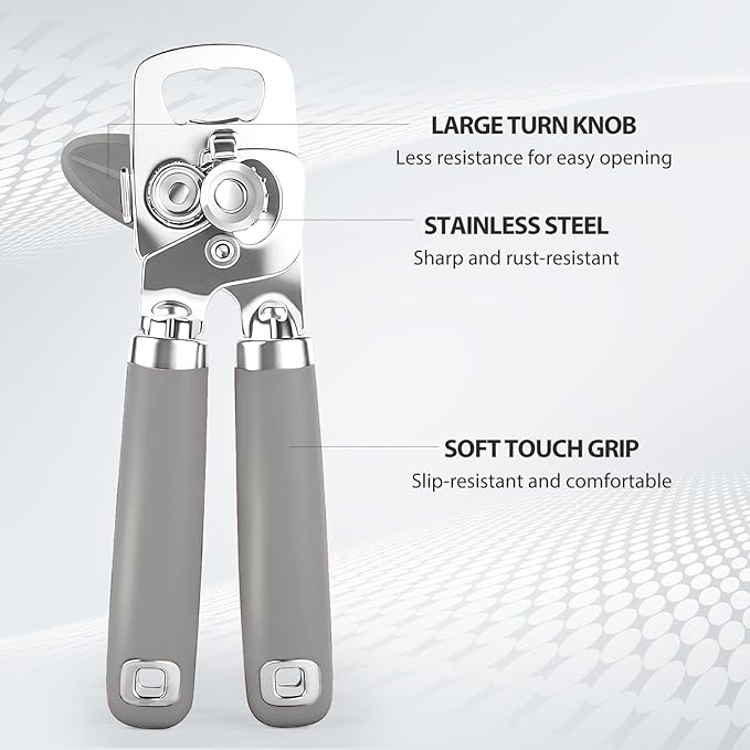 Safring Can Opener Manual, Heavy Duty Stainless Steel Smooth Edge Can Opener With Soft Touch Handle, Oversized Handheld Easy Turn Knob, Multi-Function Bottle Opener, Gray