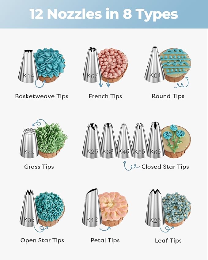 Kootek 71PCs Cake Decorating Kit, Baking Supplies Tools - Includes Cake Stand Turntable, 12 Icing Piping Tips Set, 2 Frosting Spatulas, 3 Scrapers, 50+2 Piping Bags, Coupler, Video Tutorial, Booklet - Image 2