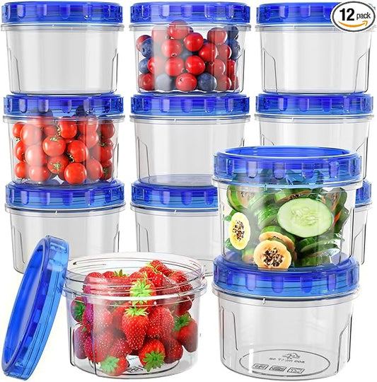 HOMETALL Freezer Storage Containers, [12 Pack-16 Oz] Airtight Plastic Food Storage Containers with Twist Top Lids, Soup, Meal Prep Containers | BPA Free | Stackable | Leakproof