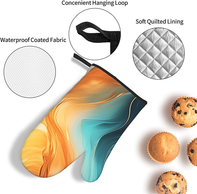 Orange Teal Marble Oven Mitts and Pot Holders Sets of 3 Kitchen Hot Pads Modern Oven Gloves Heat Resistant Washable for Cooking Grilling Baking Holiday Kitchen Decor - Image 5