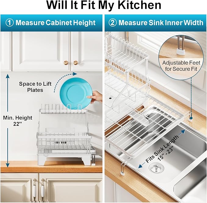 GSlife Large 2 Tier Dish Drying Rack, Expandable Heavy-Duty Dish Rack for Kitchen Counter, Rust-Resistant Dish Drainer with Utensil & Cup Holder, Auto-Drain, 16.9" W x 14.4"-22.4" L, White - Image 7