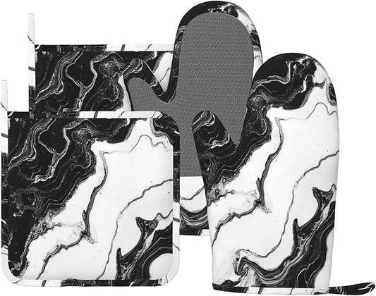 Oven Mitts and Pot Holders Marble Black White Liquid Abstract Silicone Kitchen Accessories Set of 4 Heat Resistant Long Gloves Potholder Non-Slip Grip for Chef Cooking Baking Grilling BBQ